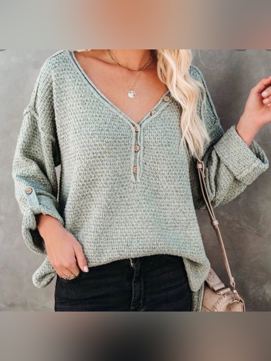 Vici Sweaters - Vici Laurel Oversized Knit Roll-Up Henley Sweater